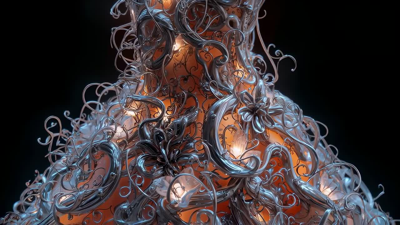 Moving camera revealing ornate sculpture in studio, showing warm orange core, silvery-blue tendrils