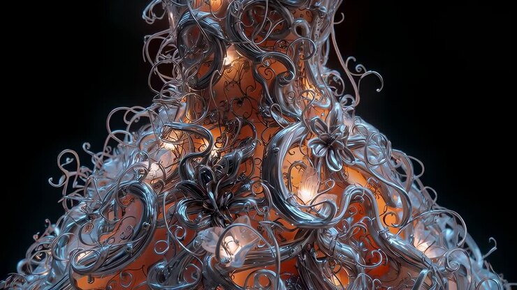 Moving camera revealing ornate sculpture in studio, showing warm orange core, silvery-blue tendrils