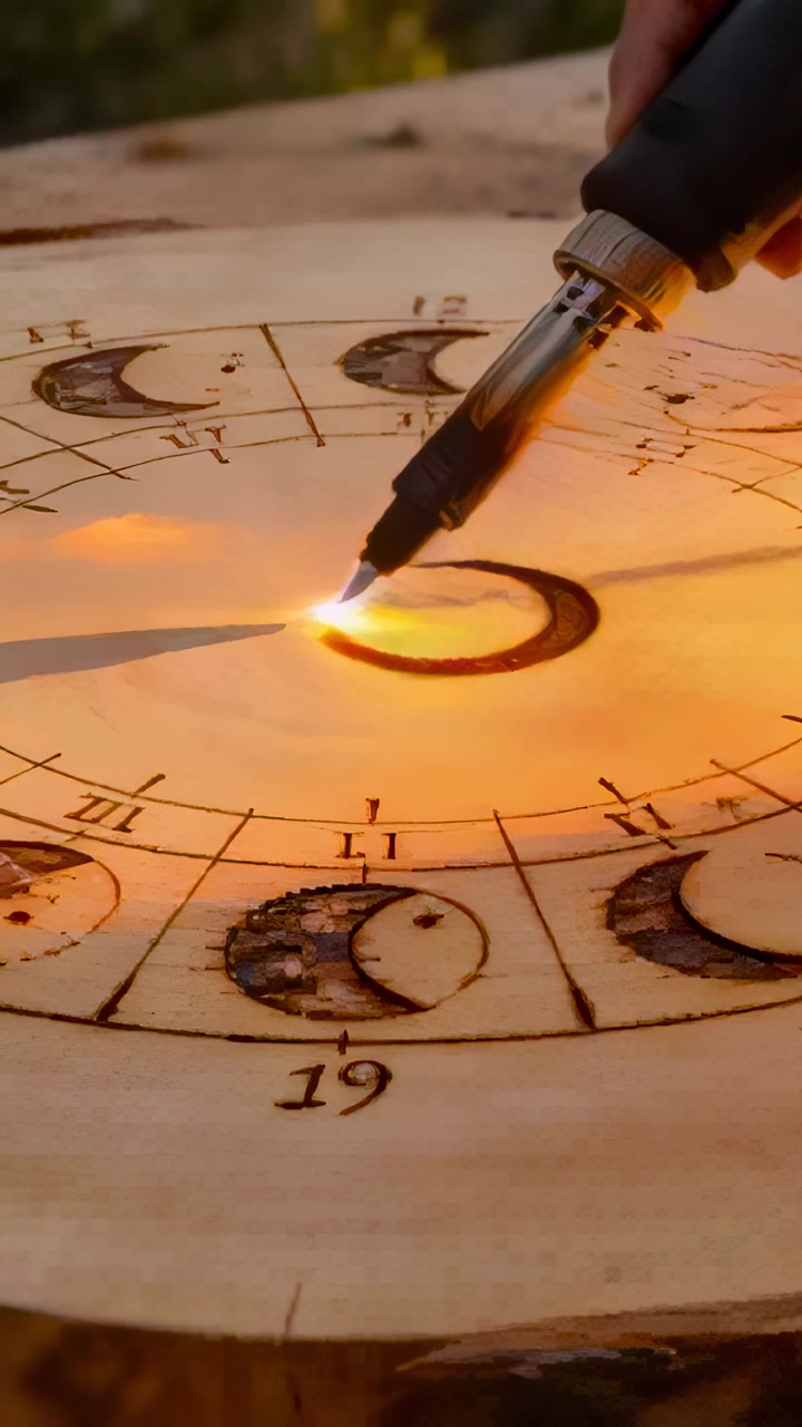 Video verticale: Mano che guida una punta incandescente per pirografia su una tavoletta di legno in giardino, creando un anello lunare.