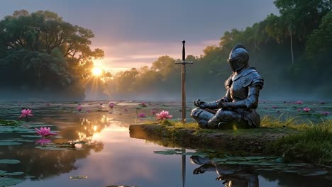 A statue of a knight sitting on a rock in the middle of a pond
