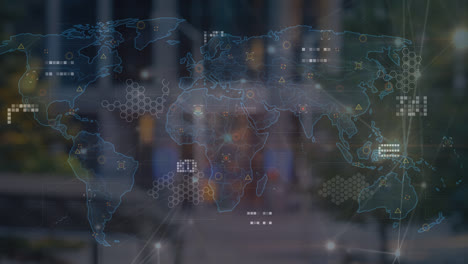 animation of world map with data processing and network of connections over cityscape