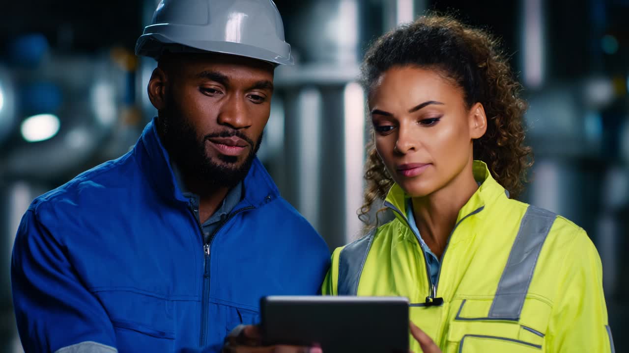 Two industrial professionals, a man and a woman, collaborate over a tablet in an illuminated factory environment, demonstrating teamwork and attention to detail in their respective roles and responsibilities