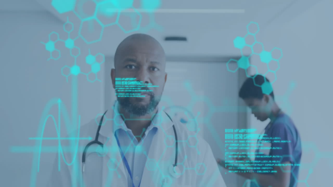 Animating medical data and hexagonal shapes over healthcare professionals in hospital