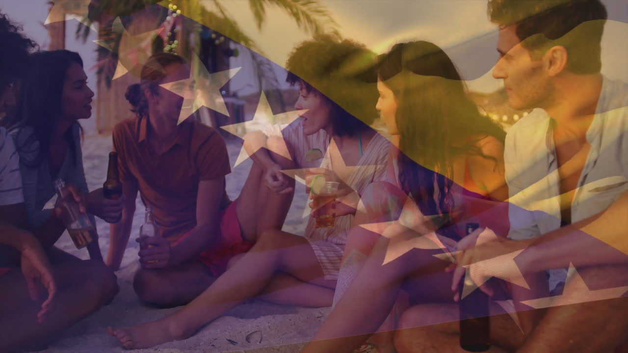 Sitting on beach, group of friends with star animation overlay