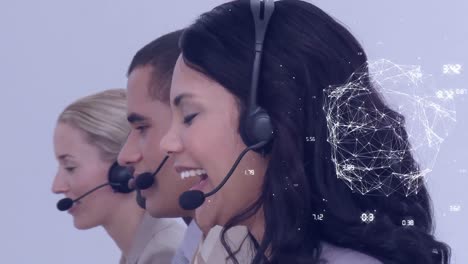 Animation-of-globe-with-network-of-connections-over-business-people-using-phone-headsets