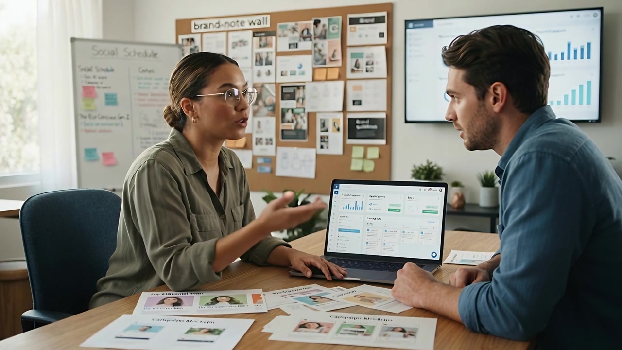Presenting mockups at office woman green blouse pointing at laptop reviewing layouts man listening