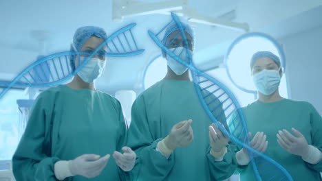 animation of dna strands over diverse surgeons in hospital