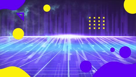 Animation-of-yellow-and-purple-shapes-over-moving-purple-and-blue-lights