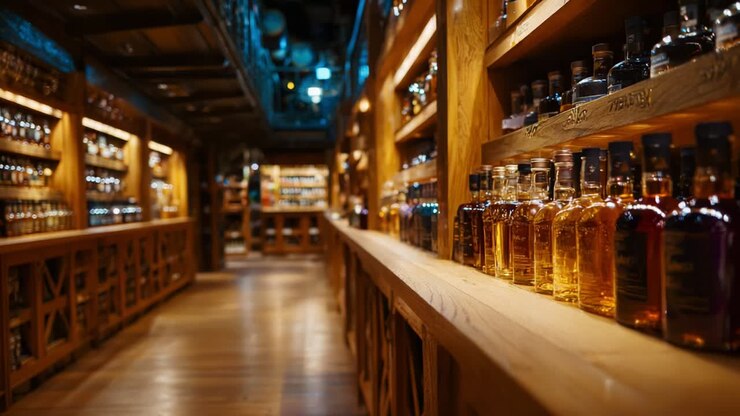 Negozio di liquori con file di bottiglie di whisky