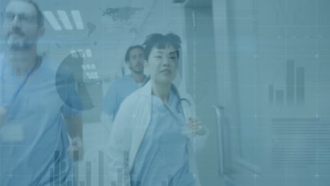 animación de gráficos financieros y datos sobre diversos médicos femeninos y masculinos que trabajan en el hospital.