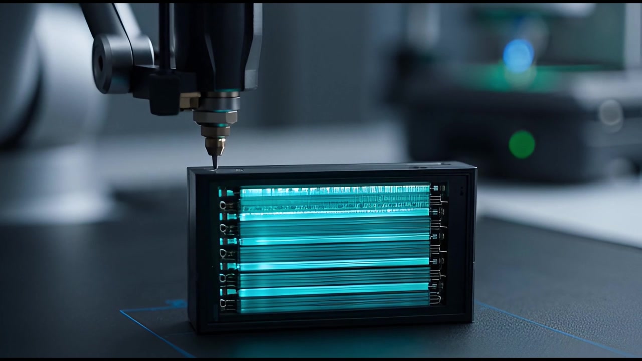 Precision Robotic Arm Manipulating a Glowing Electronic Component