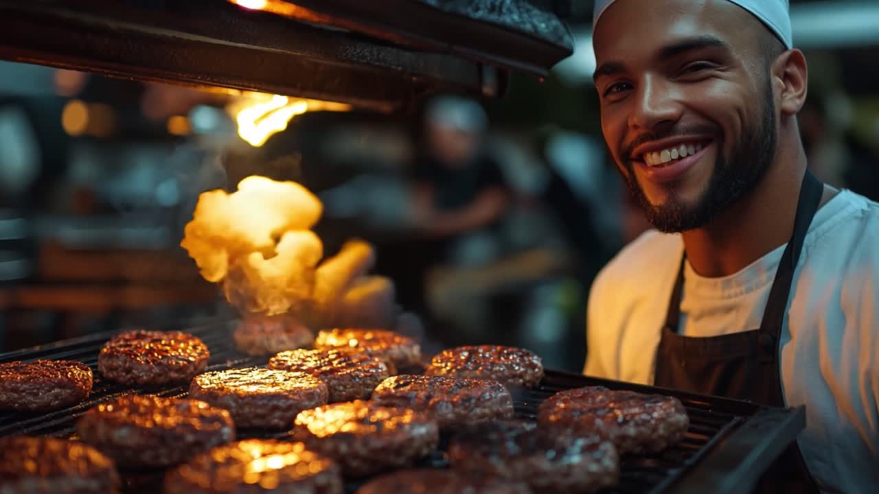 Uomo che griglia hamburger su una griglia da barbecue