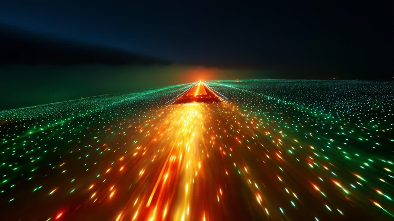 A stunning aerial view of a vibrant runway illuminated with colorful lights during the night, showcasing the striking contrast of green and red hues against the dark sky and glowing horizon