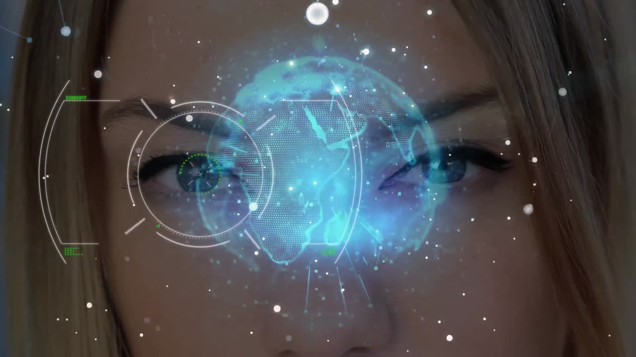 Animation of scope scanning and globe with network of connections over woman's face