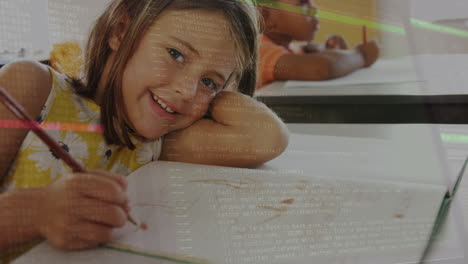 animación de procesamiento de datos sobre el retrato de una niña caucásica que estudia en la clase en la escuela
