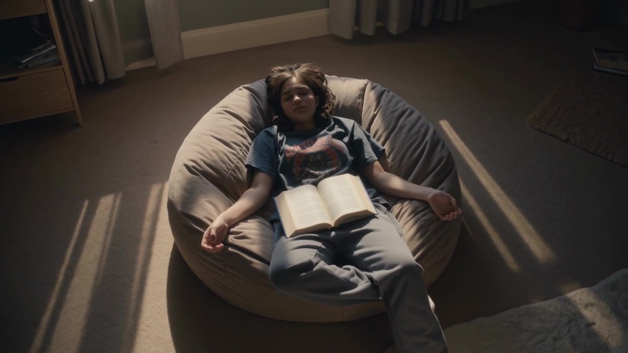 Adolescente sdraiato/a su un pouf in tuta da ginnastica, che sposta lo sguardo tra un libro aperto e il soffitto, con il sole che culla il riposo.