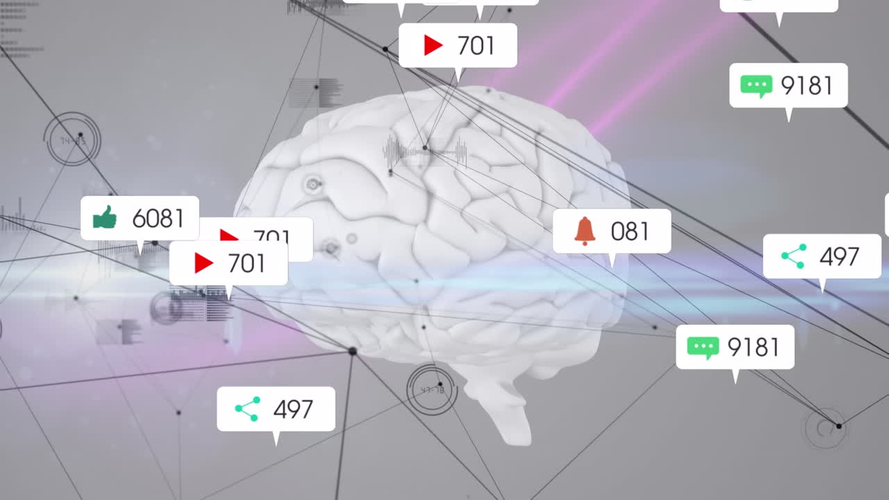 animación de iconos de medios y procesamiento de datos en el cerebro