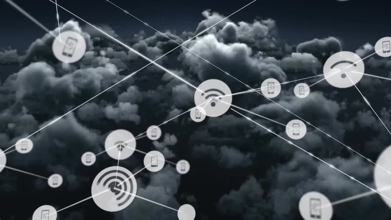 animación de redes de conexiones con iconos en el cielo