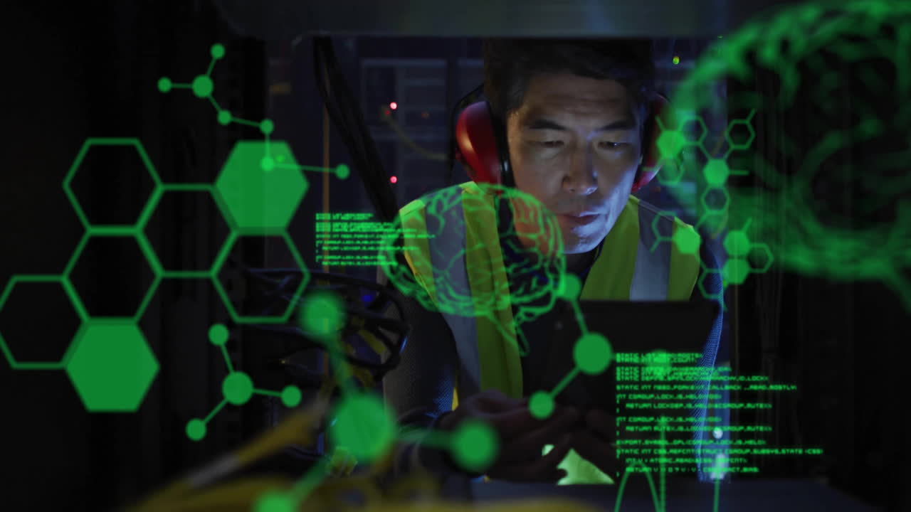 서버 에 있는 아시아 남성 노동자에 대한 뇌로 데이터 처리의 애니메이션