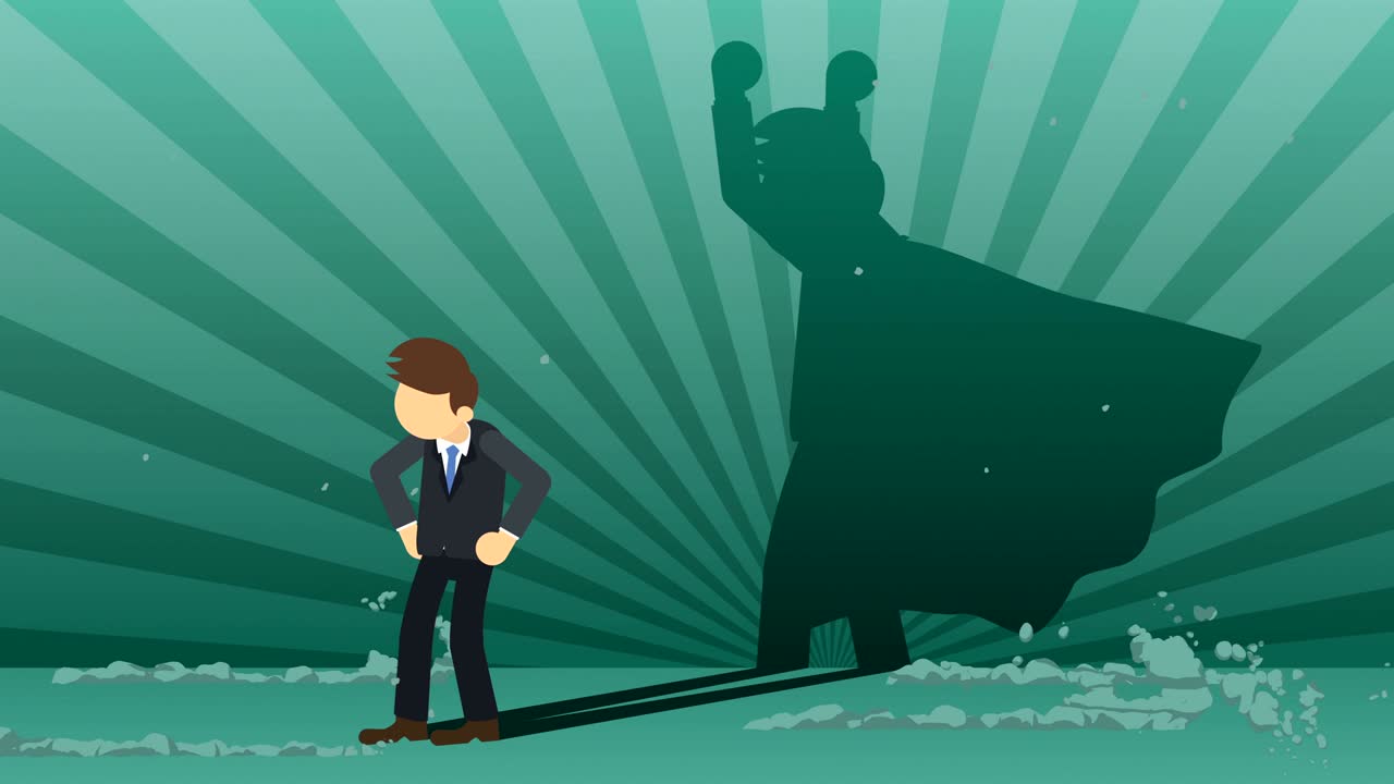 슈퍼히어로 그림자와 함께 서있는 사업가, 비즈니스 기호, 우승자 및 도전 개념, 만화 루프 애니메이션