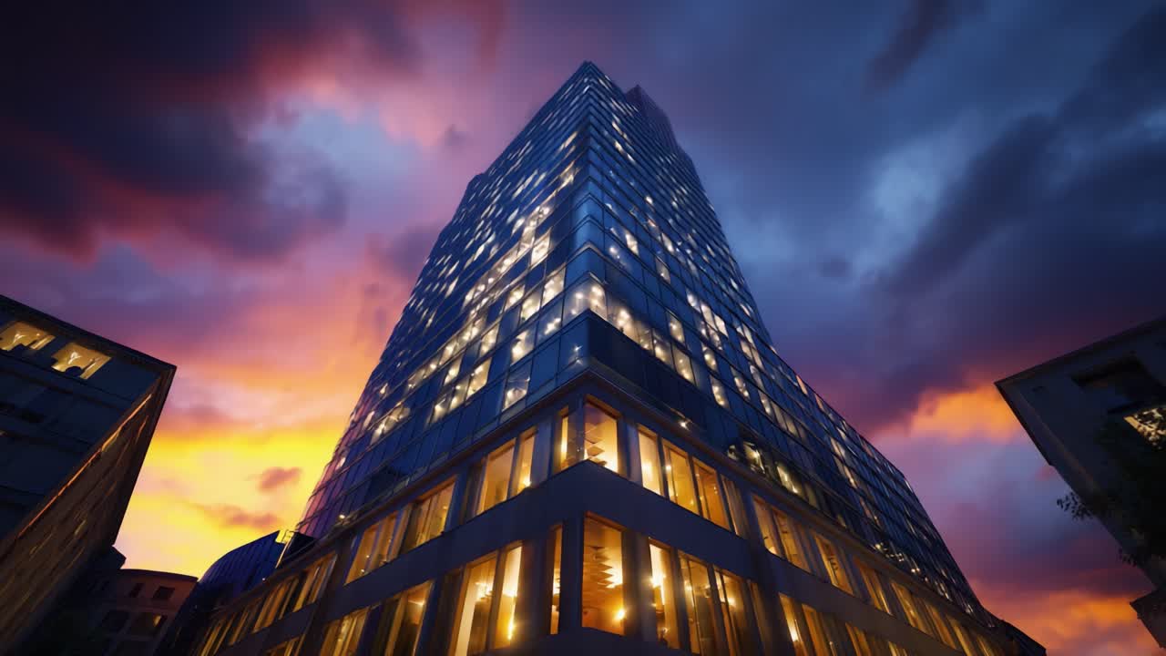 Pôr do sol dramático sobre arranha-céu urbano capturado de baixo, mostrando a fachada de vidro e janelas iluminadas contra um céu colorido