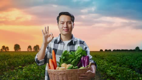 happy farmer with basket of fresh vegetables