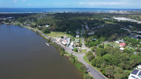 Aerial-Panorama-Of-Coastal-Town-Of-Chinderah-By-The-Tweed-River-In-New-South-Wales,-Australia