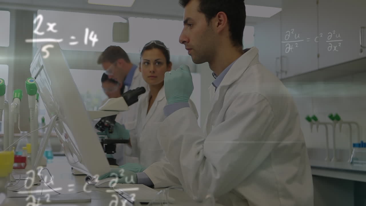animación de ecuaciones matemáticas sobre diversos científicos en el paisaje urbano del laboratorio