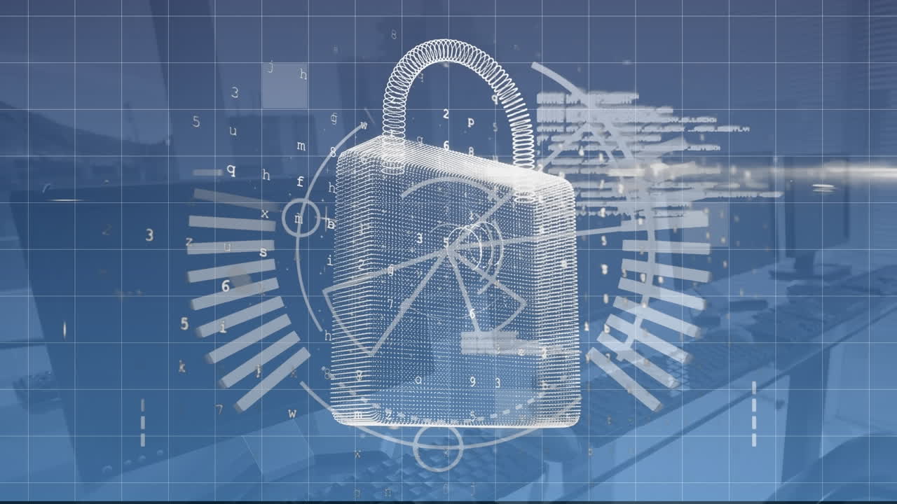 디지털  ⁇ 락의 애니메이션과 사무실의 컴퓨터를 통해 데이터 처리