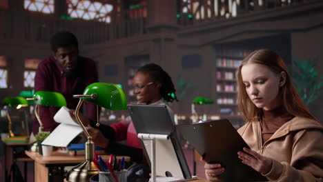 vertical video student makes exam preparations at the university library with classmates