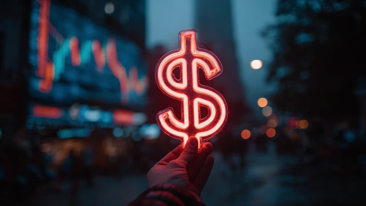 Un sorprendente simbolo del dollaro al neon illuminato contro uno sfondo serale urbano, catturando l'essenza del commercio e il dinamismo finanziario in un'atmosfera cittadina vivace.