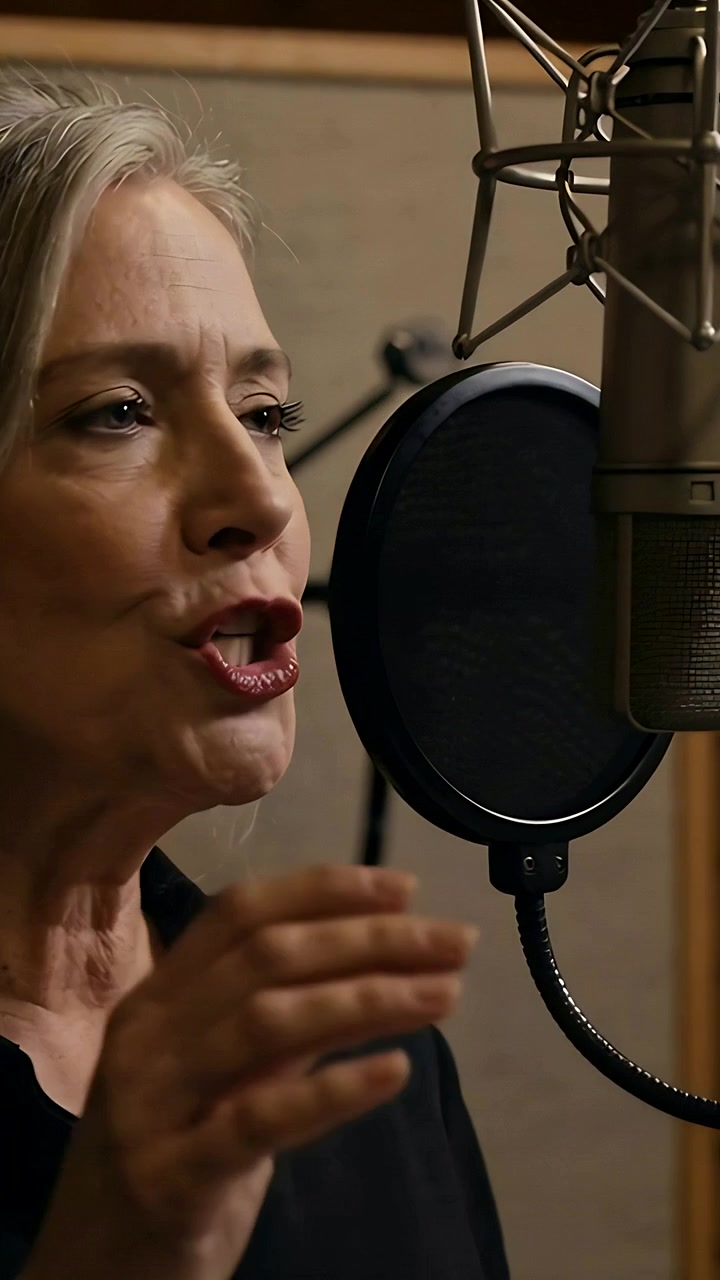 Video verticale: Cantante che canta dopo il segnale, in maglietta nera, mentre registra una traccia in studio con un microfono.