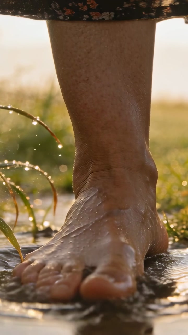 Vertical video: Woman walking barefoot in grass puddle, foot lowering, pressing ripples for fashion