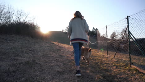 young woman holding a leash of her dog and walking on the uphill trail with bright sunrise on the background in ružomberok, liptov, slovakia