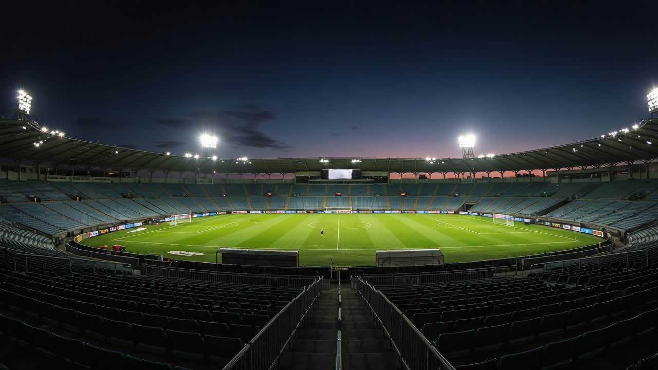 A Stunning Night View of an Empty Stadium with Illuminated Field and Bleachers Under a Dusk Sky, Showcasing the Beauty of Sports Venue Design and Architecture