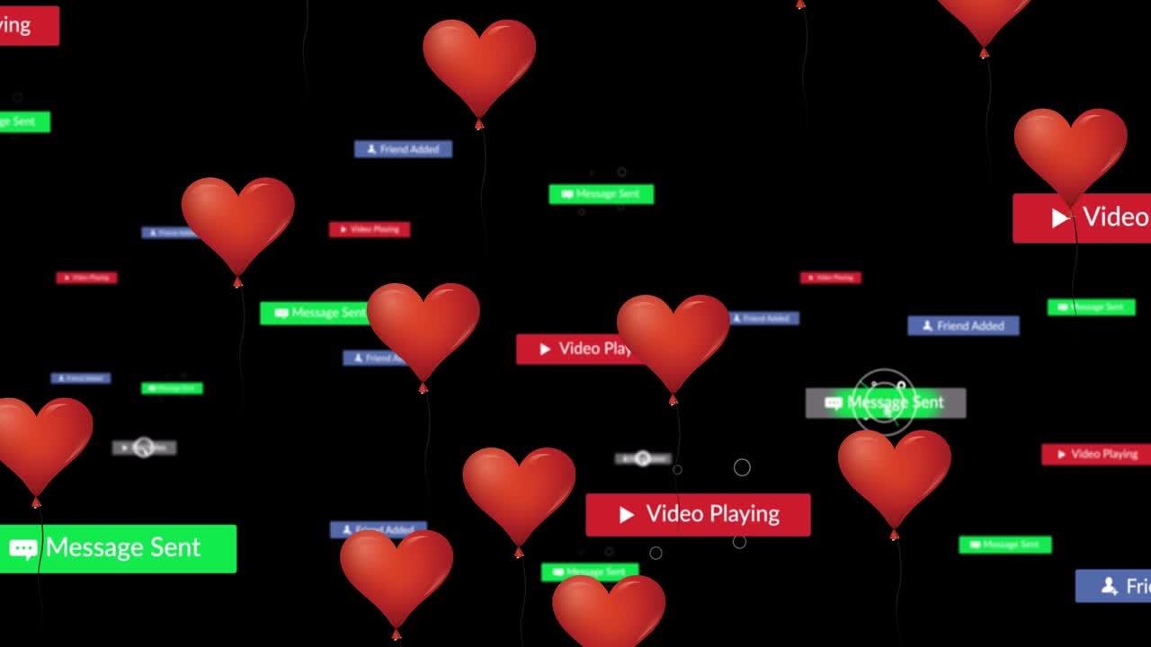 검은색 배경 위에 떨어지는 소셜 미디어 아이콘의 애니메이션