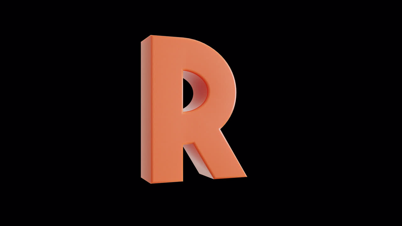 Lettre R orange en 3D en rotation sur fond noir