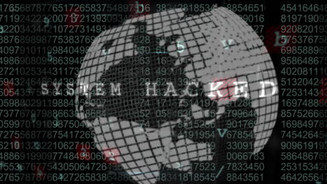 globe with binary code and system hacked text animation over digital data