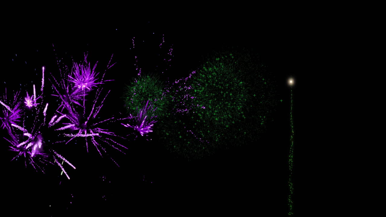 Purple and green fireworks animation on black background