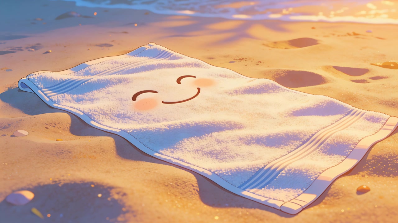 Asciugamano di spugna bianco sdraiato con faccia da cartone animato che mostra gli occhi che si chiudono e arrossisce su una spiaggia sabbiosa, con il sole che si sposta.