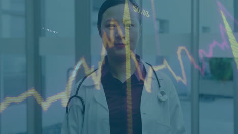 doctor with stethoscope examining fluctuating graph overlay in hospital setting