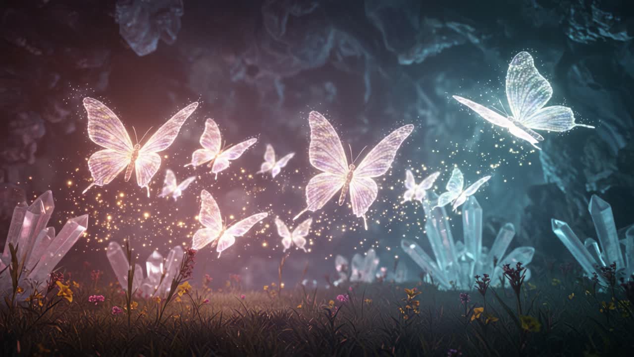 A Mesmerizing Dance of Ethereal Butterflies Amidst Glimmering Crystals in a Fantastical Underworld, Capturing the Beauty of Nature's Magic and Wonder