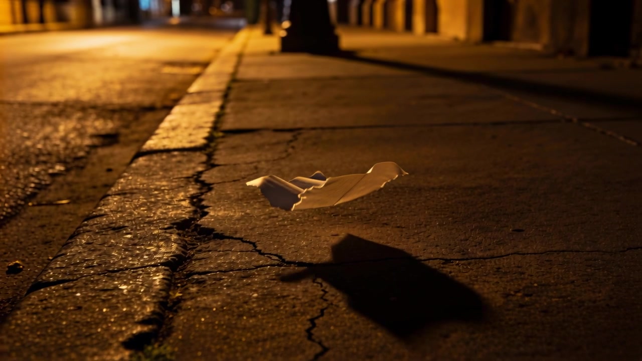 Carta bianca strappata che fluttua alla deriva, ruotando sopra un marciapiede crepato vicino a un lampione, mossa da un vento leggero.