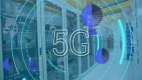 Animation-Von-5g-Text,-Rundscannern-Und-Statistischer-Datenverarbeitung-Im-Computerserverraum