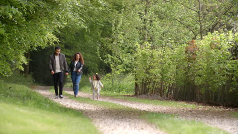 Una-Pareja-Y-Una-Hija-Pequeña-Disfrutando-Juntas-De-Un-Paseo-Por-El-Campo