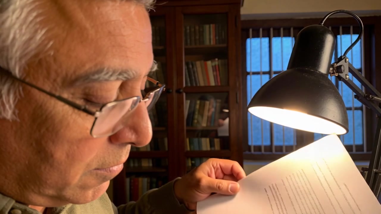 Leaning senior man wearing glasses turning page toward lamp, reading papers for research