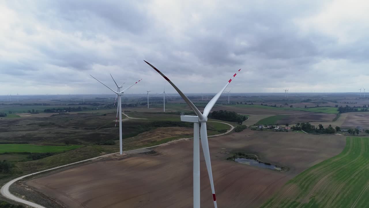 Wind Turbines On The Wind Farm In Poland - Propellers Not Spinning - wide aerial shot