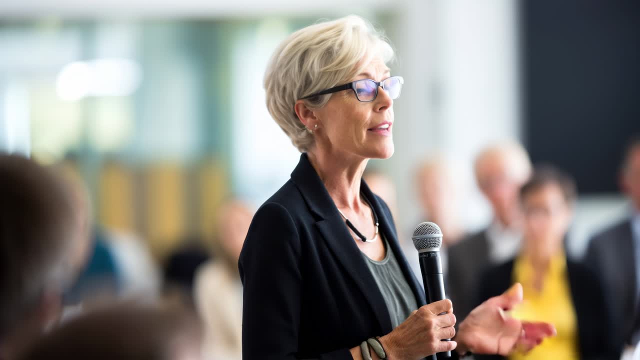 A professional woman speaks into a microphone in a conference setting