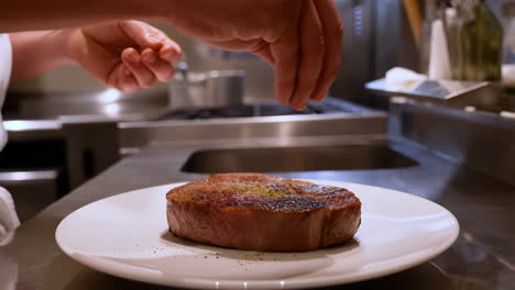 chef seasoning a cooked steak