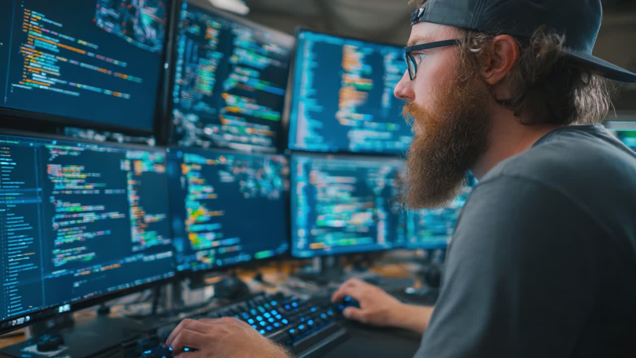Focused Programmer Engaged in Coding Activity with Multiple Monitors Displaying Complex Code and Data Visualizations in a Modern Tech Environment